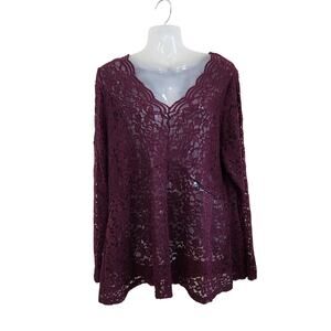 Lane Bryant V-Neck Long Sleeve Sheer Lace Floral Boho Blouse Maroon Size 14/16